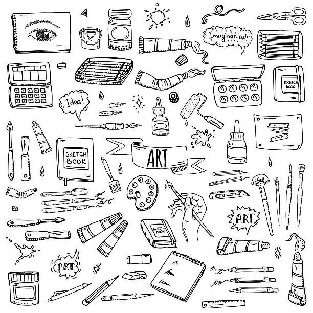 hand drawn art supplies and tools on white background stock photo - image 349784