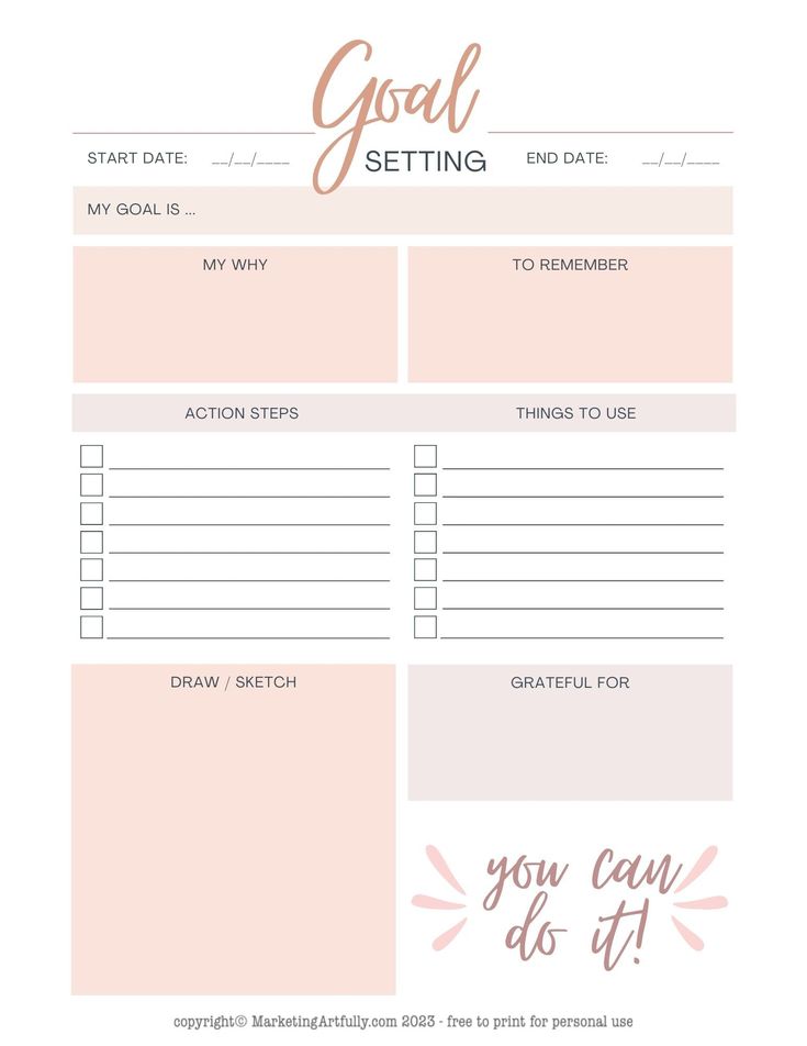 the goal setting printable is shown in pink and white