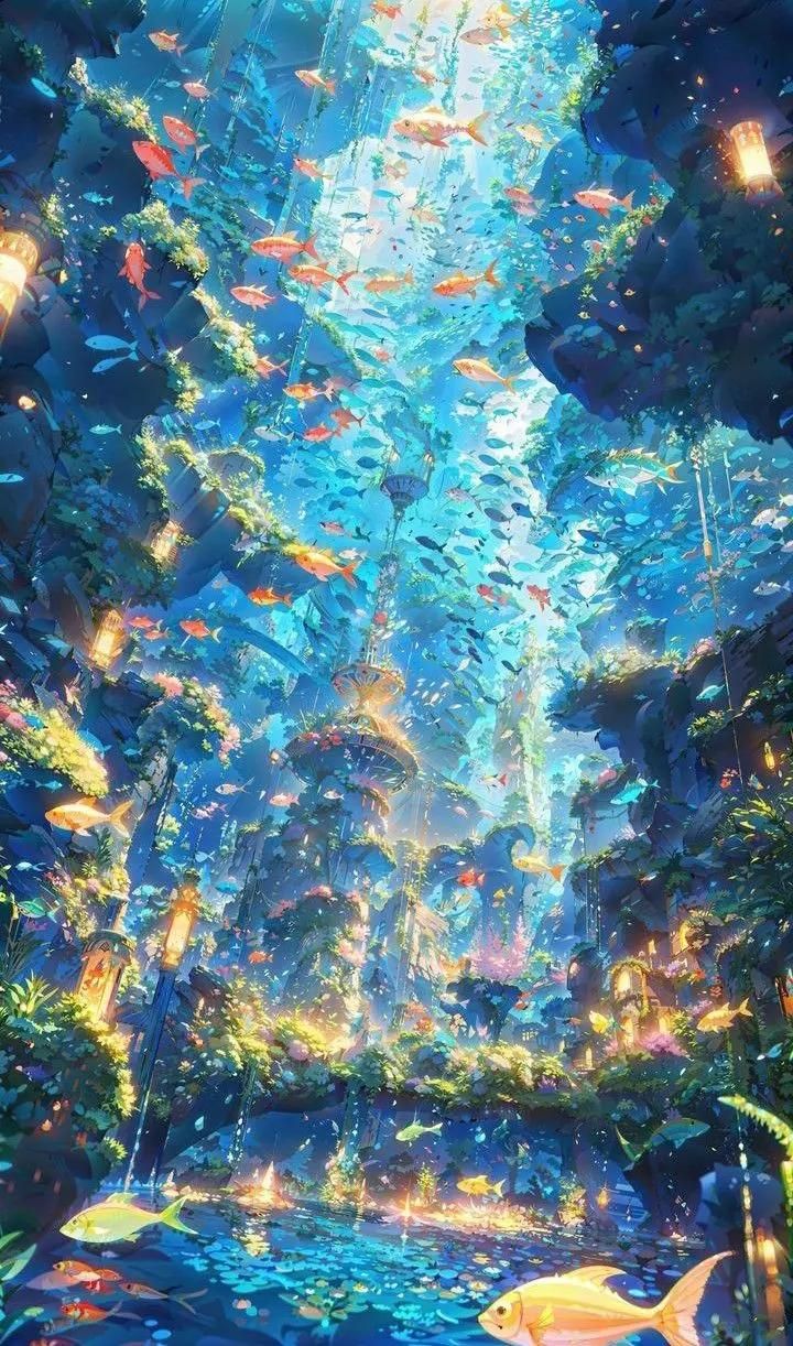 an underwater scene with fish swimming in the water and lights shining on the trees above