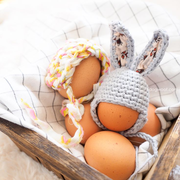 three eggs in an egg carton with bunny ears and bonnets on top, sitting next to each other