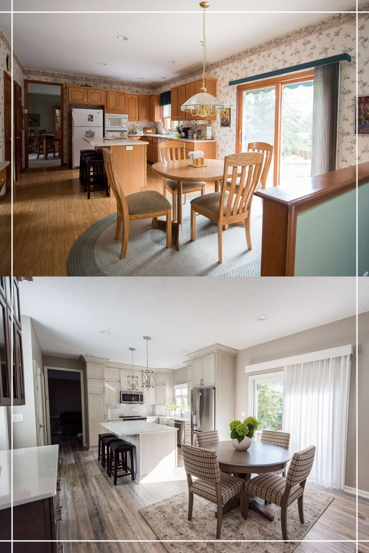 two pictures of a kitchen, dining room and living room in one photo there is an open floor plan on the other