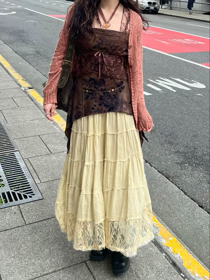 Fairy Long Skirt, Long Fairy Skirt, Long Skirt Baggy Sweater, Jacket With Long Skirt, Long Skirt Fall Outfits Aesthetic, Skirt Over Skirt, Long Dress With Jacket Outfit, Vintage Long Skirt Outfits, Botanist Outfit