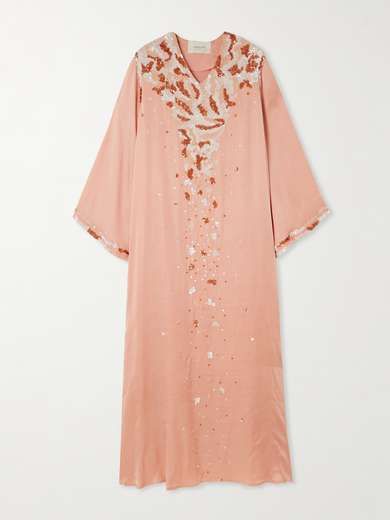 SHATHA ESSA Sequin-embellished satin gown | NET-A-PORTER Embellished Silk Maxi Kaftan, Embellished Silk Maxi-length Kaftan, Luxury Embellished Long Gown, Luxury Embellished Gown, Luxury Embellished Pink Dress, Luxury Pink Embellished Dresses, Evening Embellished Silk Kaftan, Evening Silk Embellished Kaftan, Luxury Embellished Maxi-length Gown