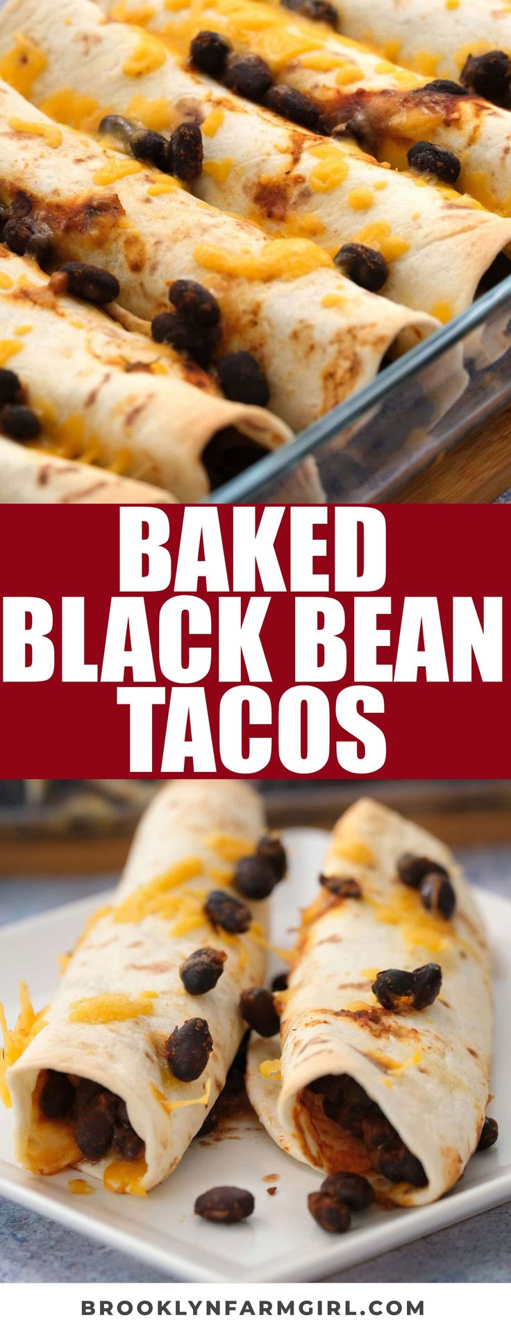 baked black bean tacos on a plate with text overlay that reads baked black bean tacos