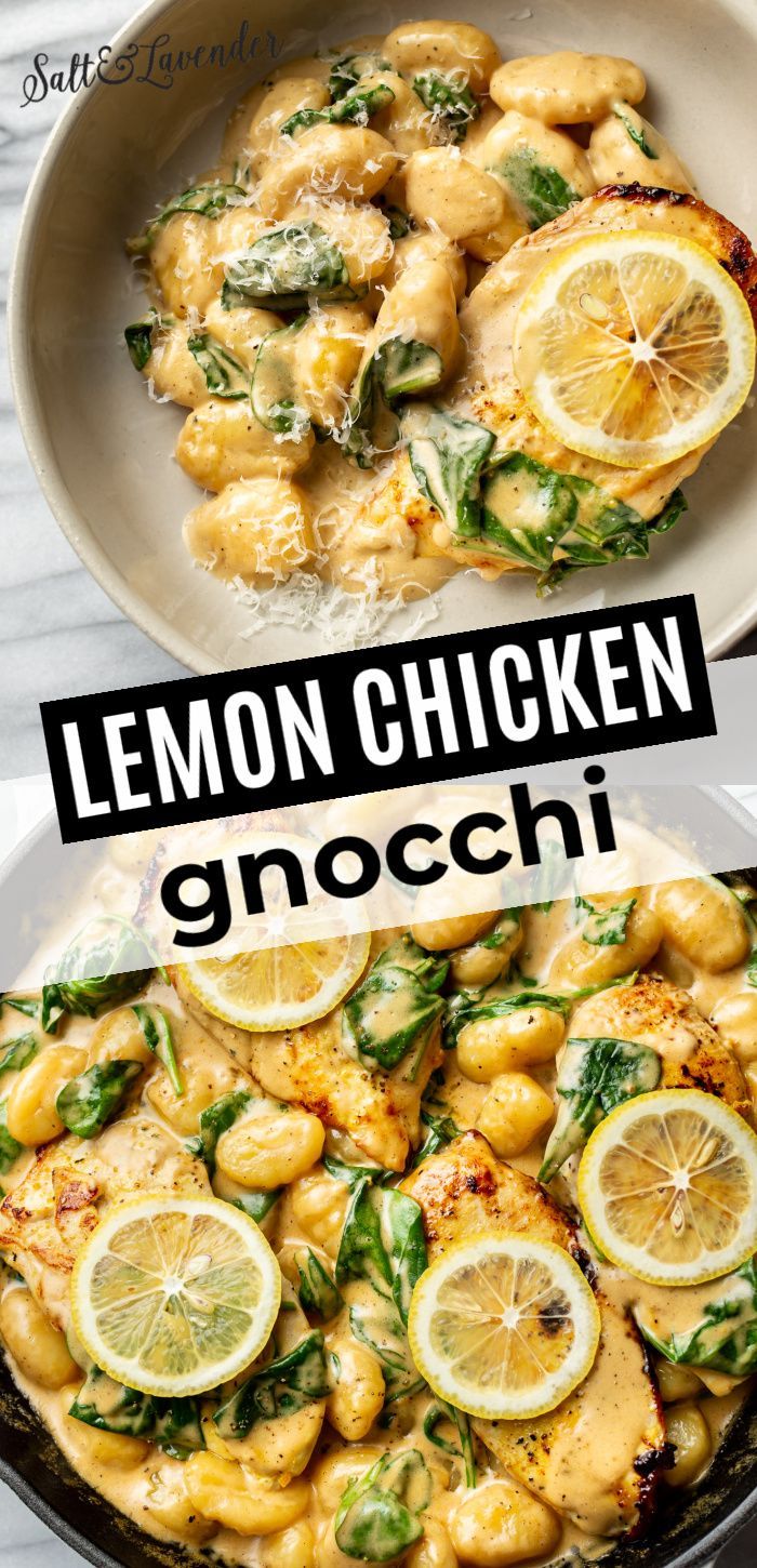 lemon chicken gnocchi in a skillet with spinach leaves and lemon slices