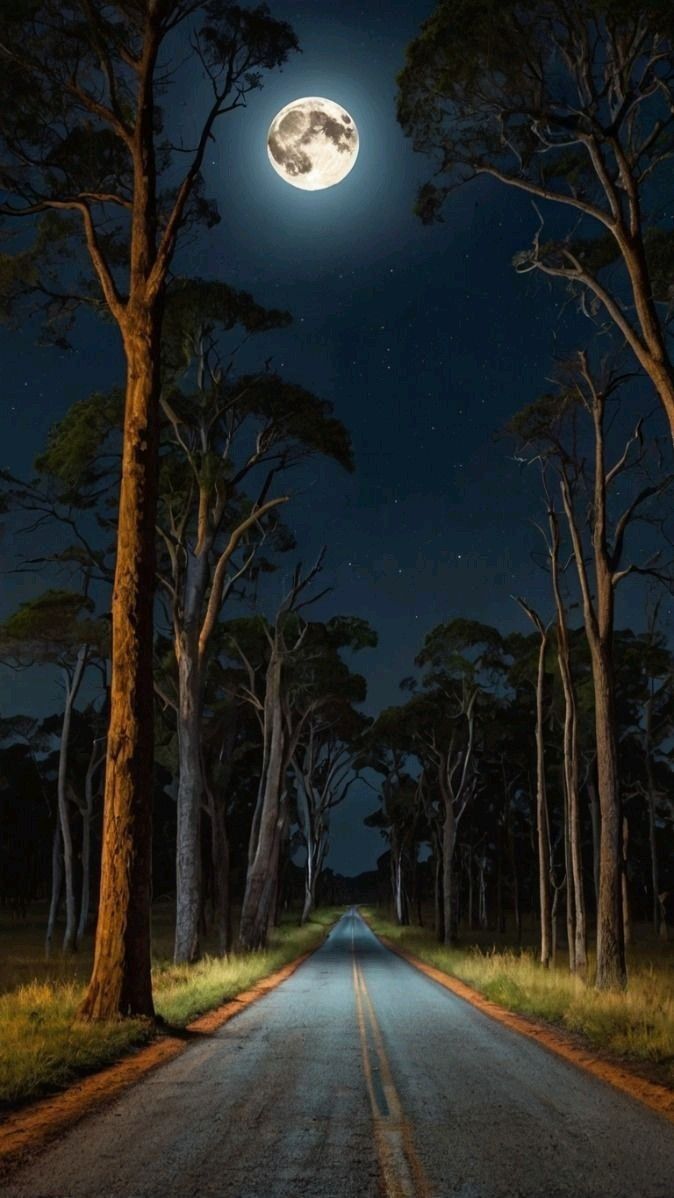 an empty road with trees on both sides and the moon in the sky above it