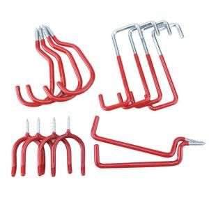 six red plastic hooks with screws and nails