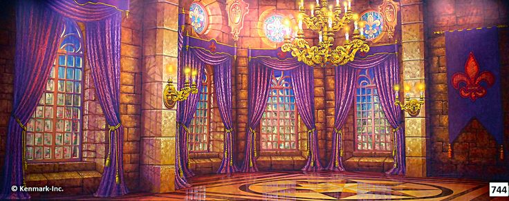 an artistic painting of a fancy room with chandelier and window curtains in purple hues