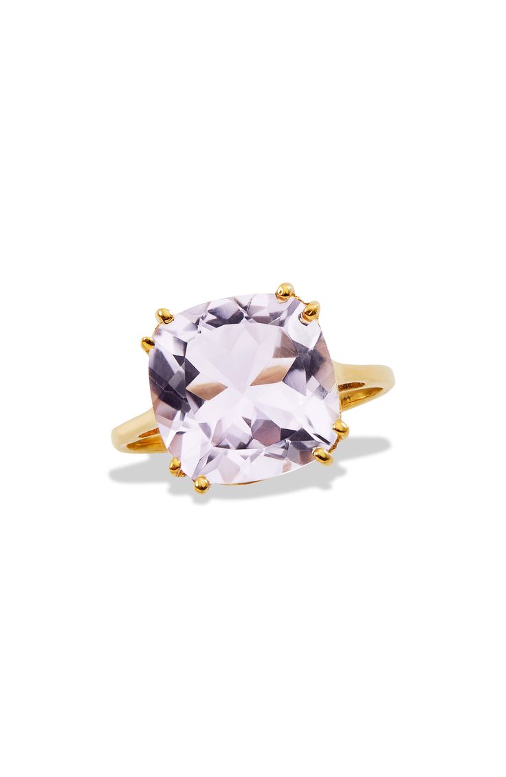 A cushion cut amethyst sparkles on the face of an eye-catching sterling silver ring that is plated with luxurious 18K yellow gold. 18K yellow gold plated sterling silver/amethyst Imported Pink Amethyst, Keep Jewelry, Amethyst Gemstone, Amethyst Ring, Bar Necklace, Pearl Ring, Cushion Cut, Gold Plated Sterling Silver, Womens Jewelry Rings