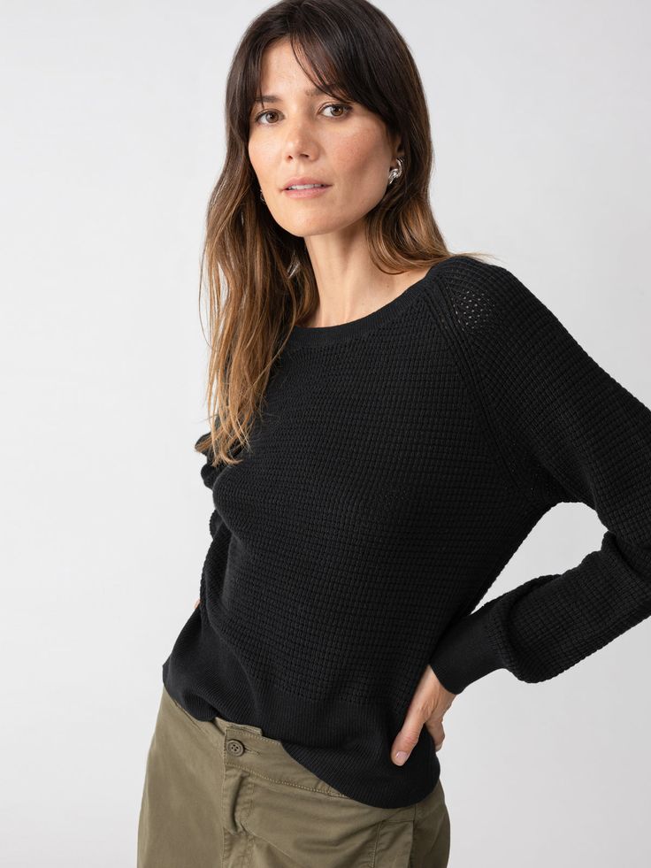 DETAILS Crew Neck Openwork Sweater Henley Sleeves Relaxed Fit SIZE + FIT FIT TIP: style runs small. If in between sizes, we recommend you size up. Model is 5'9" and is wearing a size S. Front Length: 21 1/2" Bust: 36 1/2" Sleeve Length: 31" FABRIC + CARE 60% Cotton 40% Polyester Machine Wash Cold, Line Dry Imported BETTER COTTON MEMBERS By choosing our cotton products, you're supporting our investment in Better Cotton's mission. This product is sourced via a system of mass balance and therefore Black Pointelle Knit Top For Work, Black Pointelle Knit Stretch Sweater, Black Stretch Pointelle Knit Sweater, Black Pointelle Knit Sweater For Layering, Openwork Sweater, Shopping Day, Sweater Black, Sale Event, Tee Shop