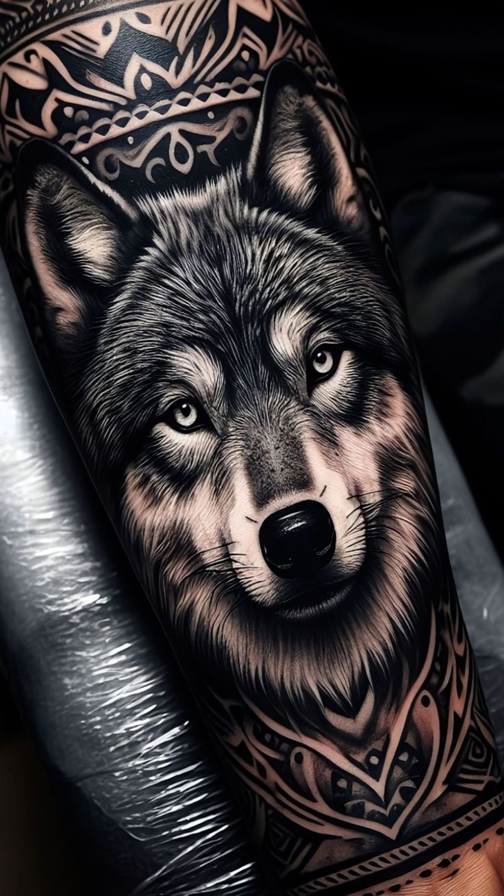 a black and grey wolf tattoo on the arm