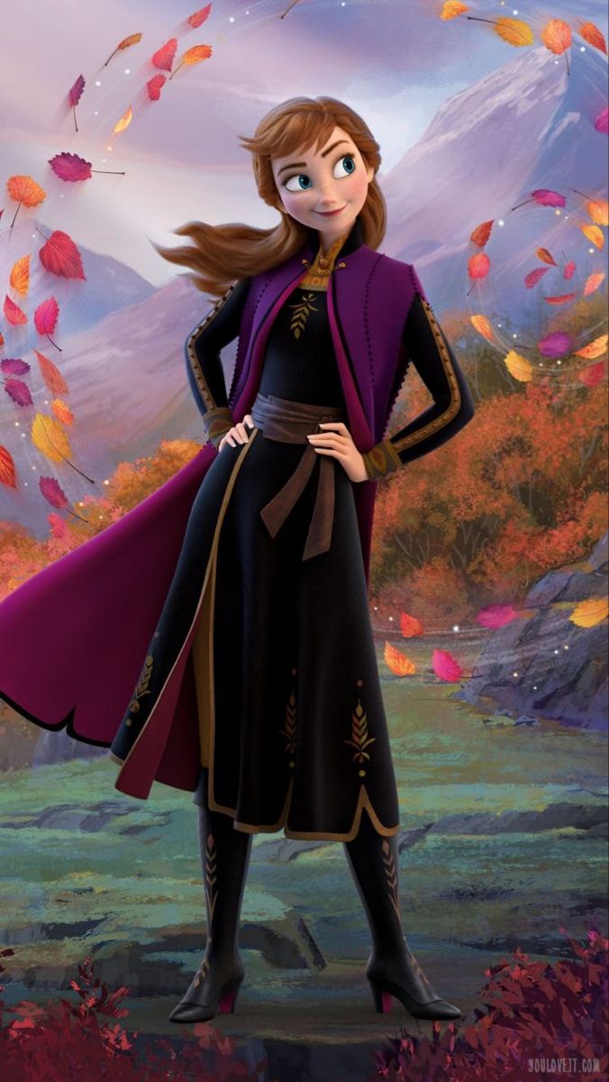 an animated character is standing in front of autumn leaves and falling from the sky with her hands on her hips