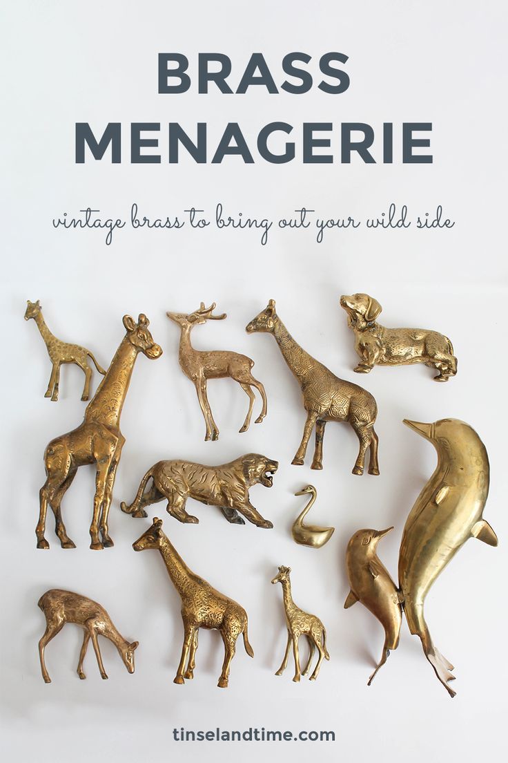 brass metal giraffes and other animal figurines with text overlay that reads brass menage