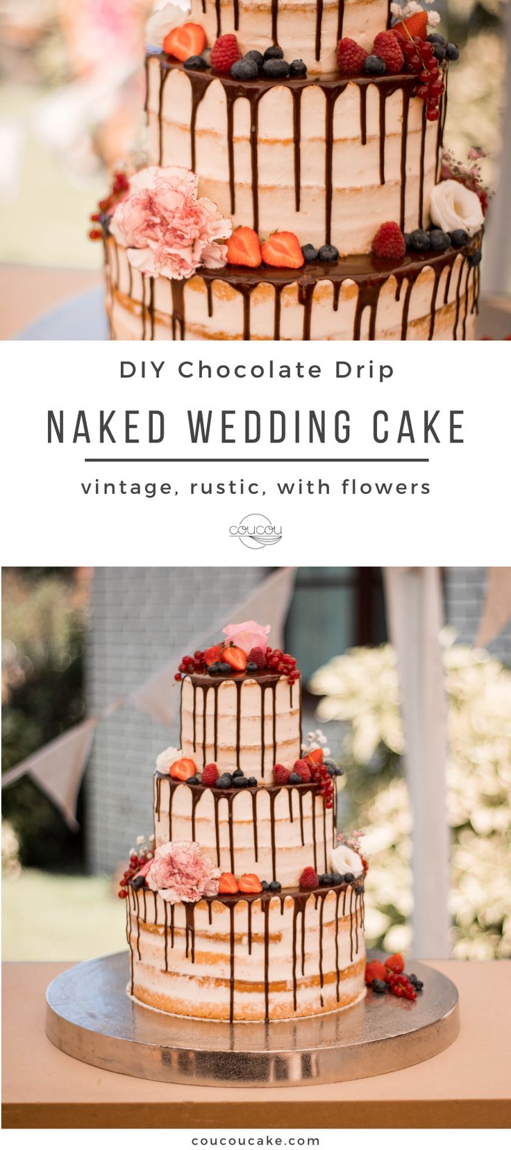 two different wedding cakes with chocolate drizzles and flowers on the top one