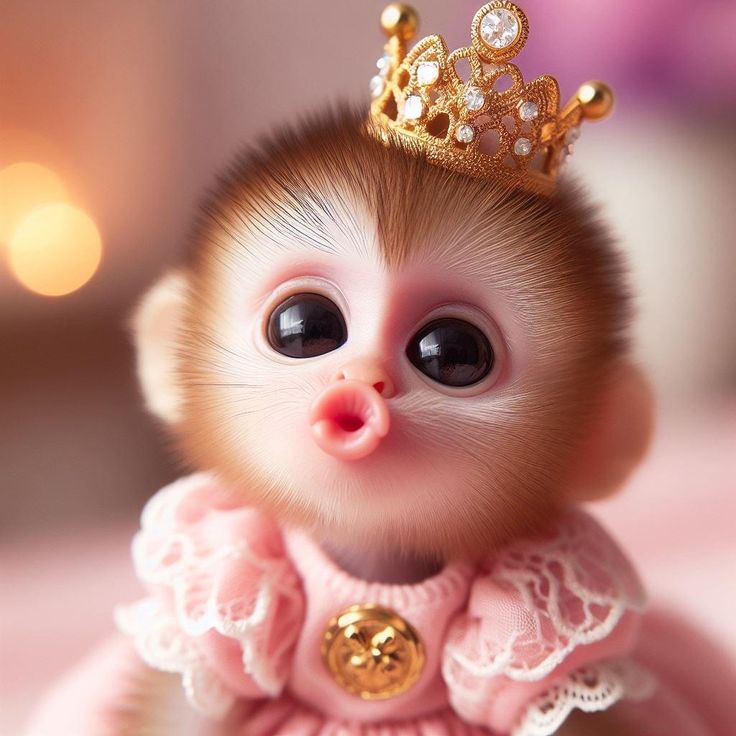 a small monkey with a crown on top of it's head, wearing a pink dress