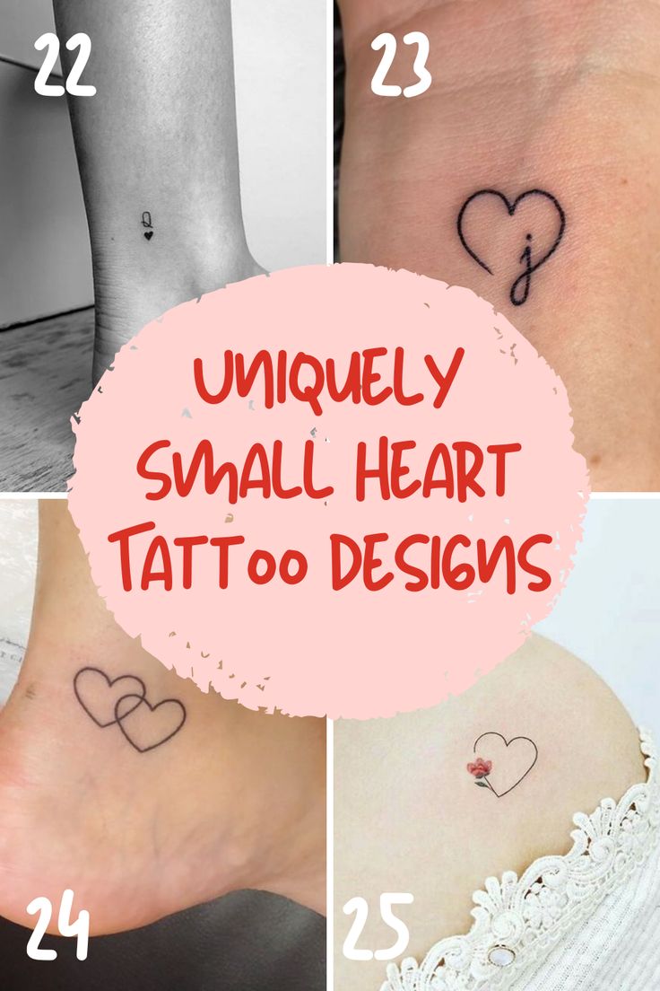 four different small heart tattoo designs on the ankle and foot, with numbers below them