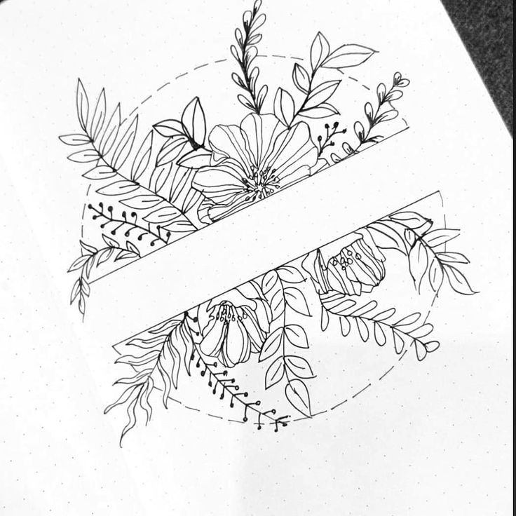 an ink drawing of flowers and leaves on a sheet of paper with a white ribbon