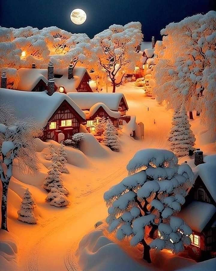 a night scene with snow covered trees and houses