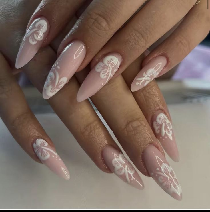 Nail Ideas Y2k Almond, Swiss Nails, White Nail Inspiration, Almond Nail Design Ideas, Feminine Nails, Hottest Summer Nails, Cherry Blossom Nails, Henna Nails, Nails Trends