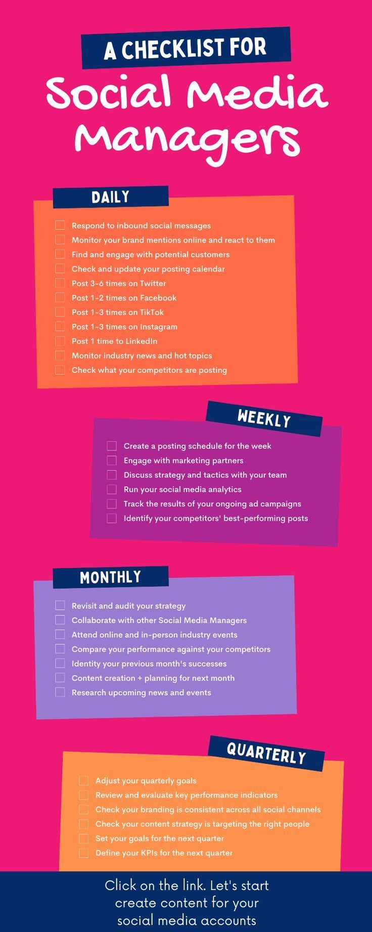 the social media manager's checklist is shown in purple and orange, with text on