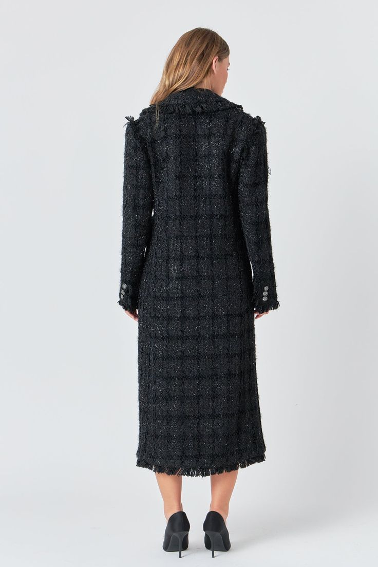 This luxurious tweed coat has lined pockets, jeweled buttons, and fringed edges. It's finished with a large lapel collar. Tweed Long length Fringed tweed edges Single-breasted Features jeweled buttons Decorative jeweled buttons at wrists Lined front pockets Lined Do not wash Do not bleach Do not tumble dry Iron low Dry clean Shell: 100% Polyester Lining: 100% Polyester HN1358J Total length: 49.25" Bust: 37" S BLACK: Height 5'9" / Bust 32" / Waist 23.5" / Hips 35.5" Long Tweed Coat, Tweed Coat, Satin Mini Dress, Lapel Collar, Layering Pieces, Black Coat, White T, Long Length, White Tshirt