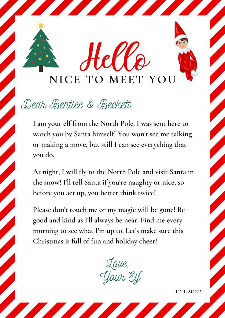 a letter from santa to his elf on christmas eve, with the message'hello, nice to meet you '