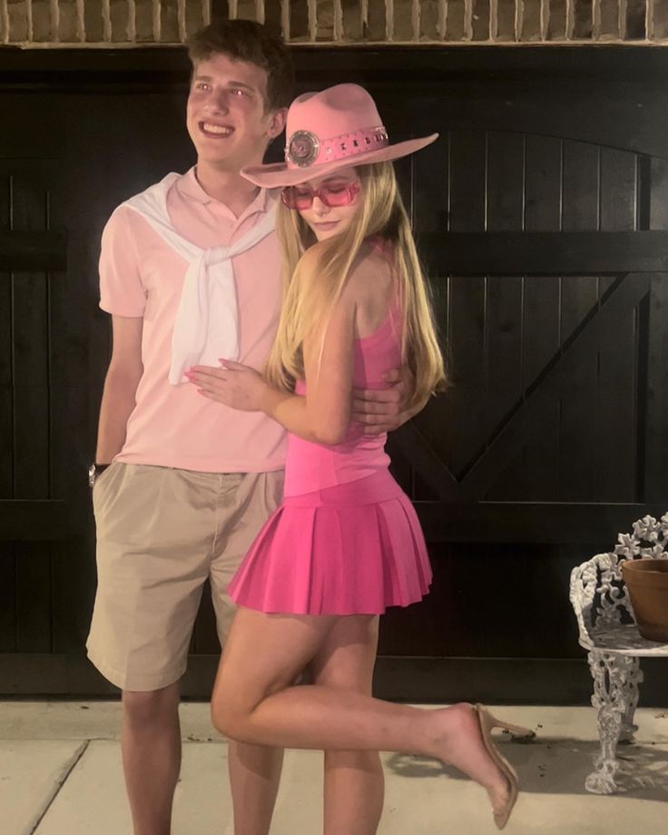 barbie and ken Barbie And Ken Group Costume, Barbie And Ken Party Outfit, Barbie Guy Outfit, Ken Ans Barbie Halloween Costume, Guy Barbie Outfit, Barbie Inspired Men Outfits, Barbie Outfits Guys, Barbie Movie Outfits Ideas Men, Barbie Theme Outfit For Men