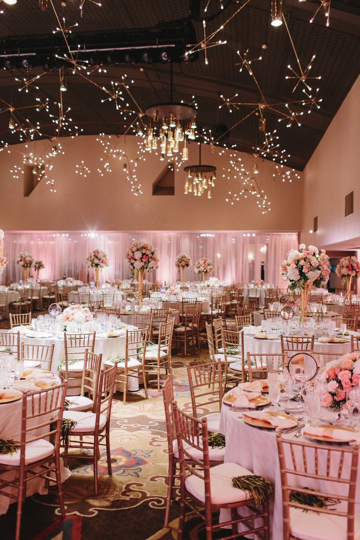 a banquet hall set up with tables and chairs