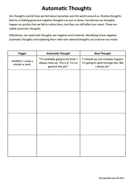 Automatic Thoughts (Worksheet) | Therapist Aid Negative Thoughts Worksheet, Thoughts Worksheet, Automatic Thoughts, Challenging Negative Thoughts, Anger Worksheets, Cbt Worksheets, Counseling Worksheets, Conscious Awareness, Child Therapy