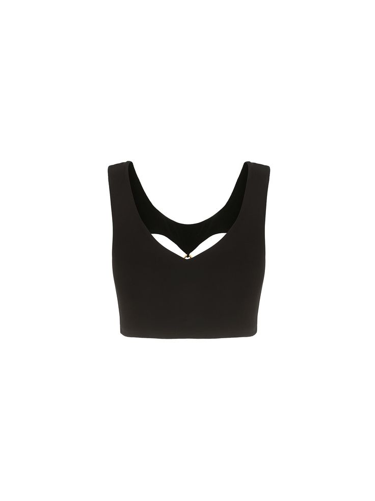 Elegant crop tops do exist. The Chiara Crop Top is designed with a little edge using exquisite elastic fabric. The cut-outs offer unique hollow details on the upper and lower chest that are sealed with a gold circular ring. Wear it on all your summer adventures. Knitted elastic fabric Gold ring design Cut-out details Dry clean only Elegant Seamless Stretch Crop Top, Elegant Stretch Seamless Crop Top, Cropped Top With Built-in Bra And Minimal Stretch, Stretch Crop Top With Built-in Bra For Evening, Evening Cropped Elastane Crop Top, Seamless Crop Top For Parties, Elastane Cutout Tops For Night Out, Cutout Tops For Night Out, Night Out Cutout Tops