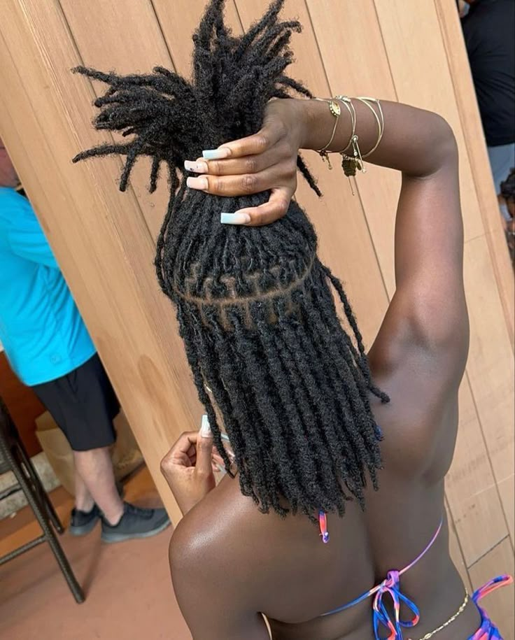 Rectangle Part Locs, Women Locks Dreadlocks, Females With Dreads Locs, Locs On Females, Square Part Locs, Brick Parting Locs, Medium Sized Locs Women, Locs On Curly Hair, Diamond Parts Locs