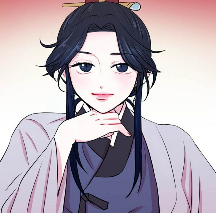 an anime character with long black hair wearing a kimono and holding her hand on her chin