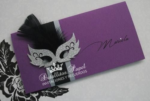 purple and black masquerade card with silver glittered mask on the front side