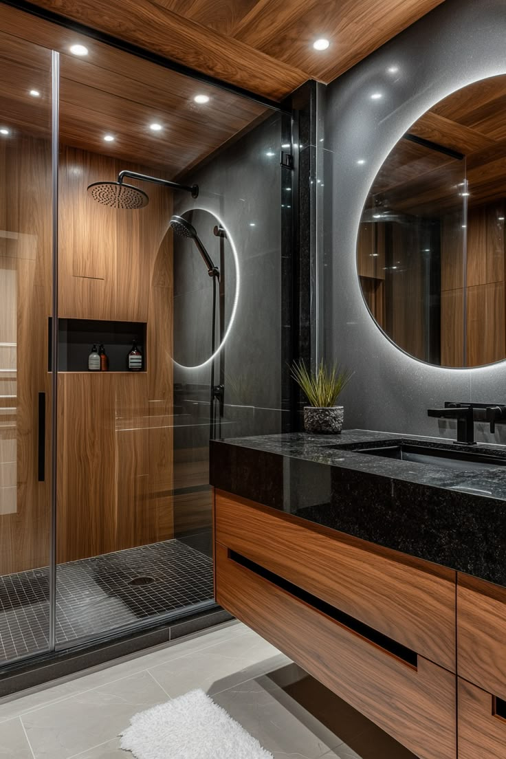 a modern bathroom with wood and glass accents