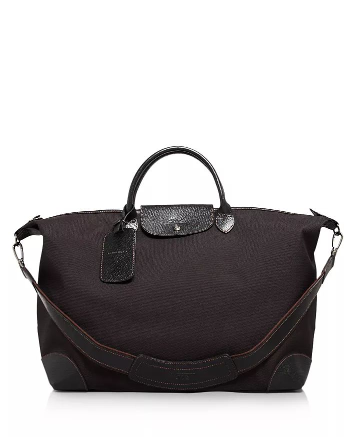 Longchamp - Boxford Large Duffel Bag Coated Canvas Travel Duffle Bag, Classic Luggage With Leather Trim For Weekend Trips, Black Duffle Bag With Leather Trim, Classic Black Duffle Bag With Detachable Strap, Classic Tote Luggage With Leather Trim, Black Duffle Bag With Leather Trim In Tote Shape, Black Leather Trim Duffle Bag Tote, Classic Weekender Bag With Leather Trim, Classic Black Luggage With Leather Trim