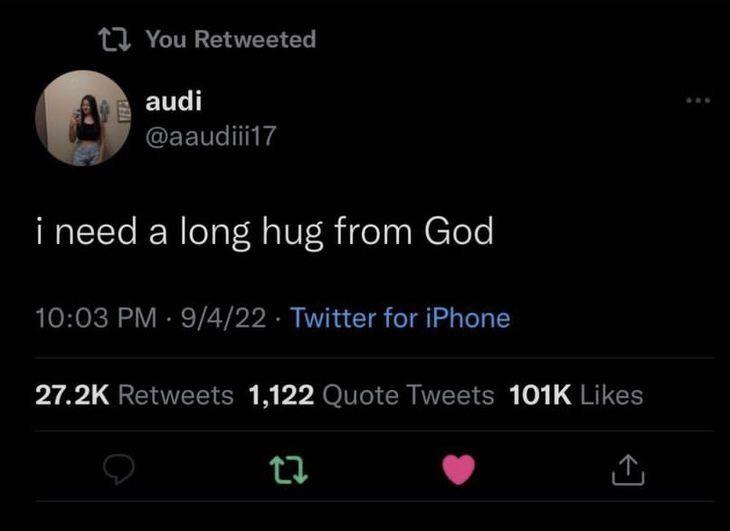 two tweets are on the same page, one is saying i need a long hug from god