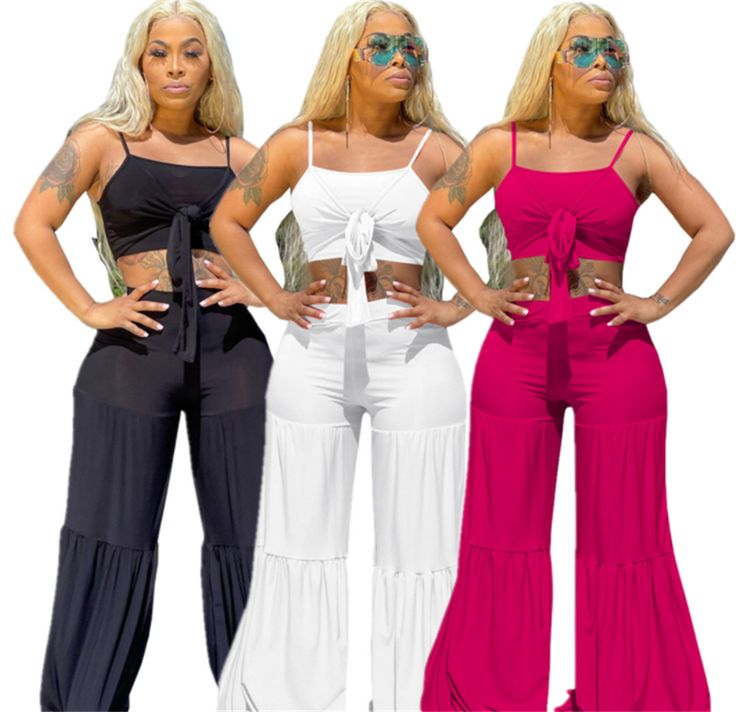 Sexy Sleeveless Bow Knotted Tops Wide Leg Pants Party 2 Piece Sets Solid Crop Top, Top And Wide Leg Pants, Sets Outfit, Matching Sets Outfit, 2 Piece Sets, Colorful Crop Tops, Summer Style Casual, Top Knot, Fashion Summer