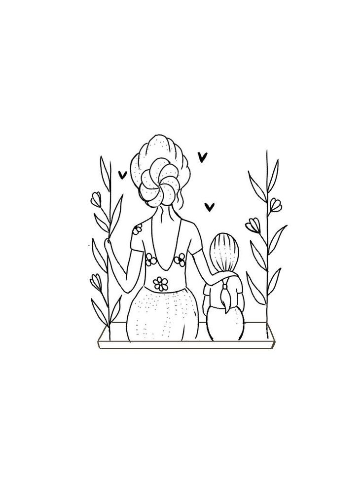 a mother and her child sitting on a bench in the park with flowers around them