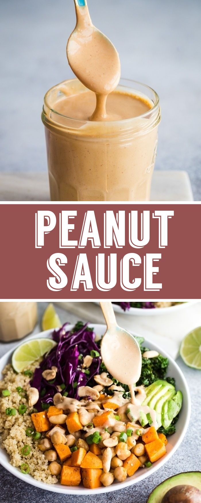 peanut sauce being drizzled over a salad