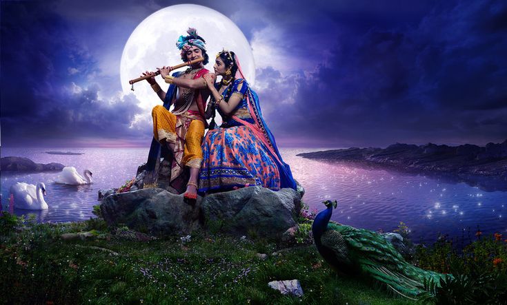 two people sitting on top of a rock next to a peacock and the moon in the sky