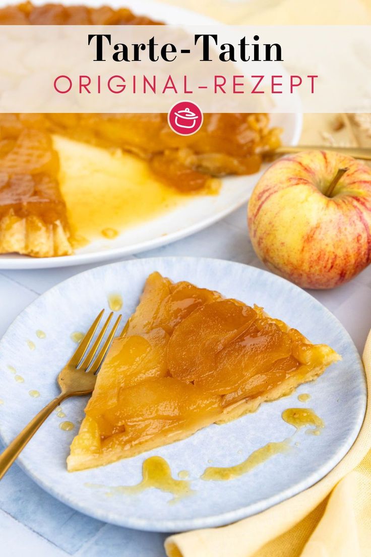 there is a slice of tarte - tatin on the plate next to an apple