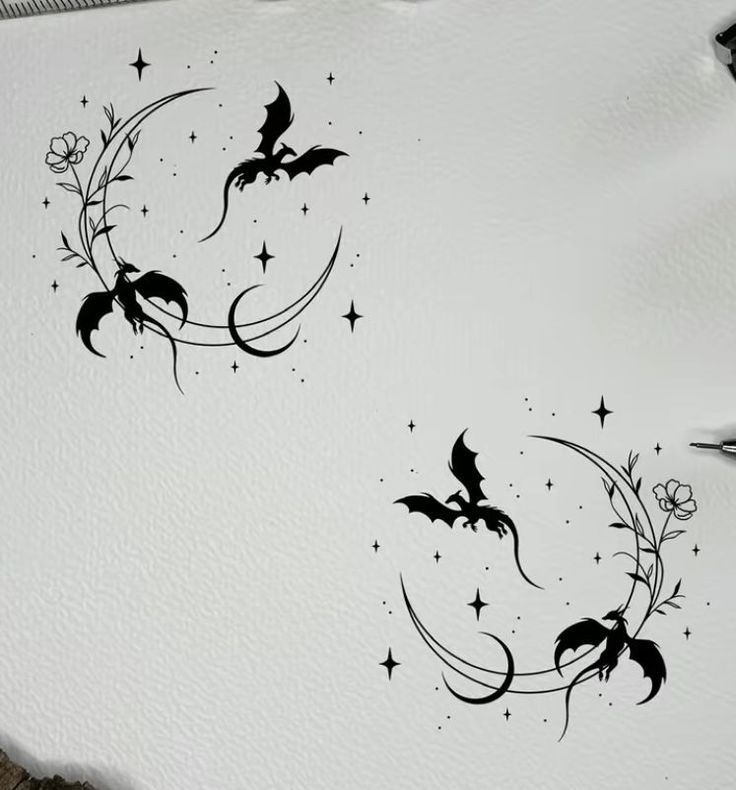 two bats flying over the moon with stars and flowers on it's back side