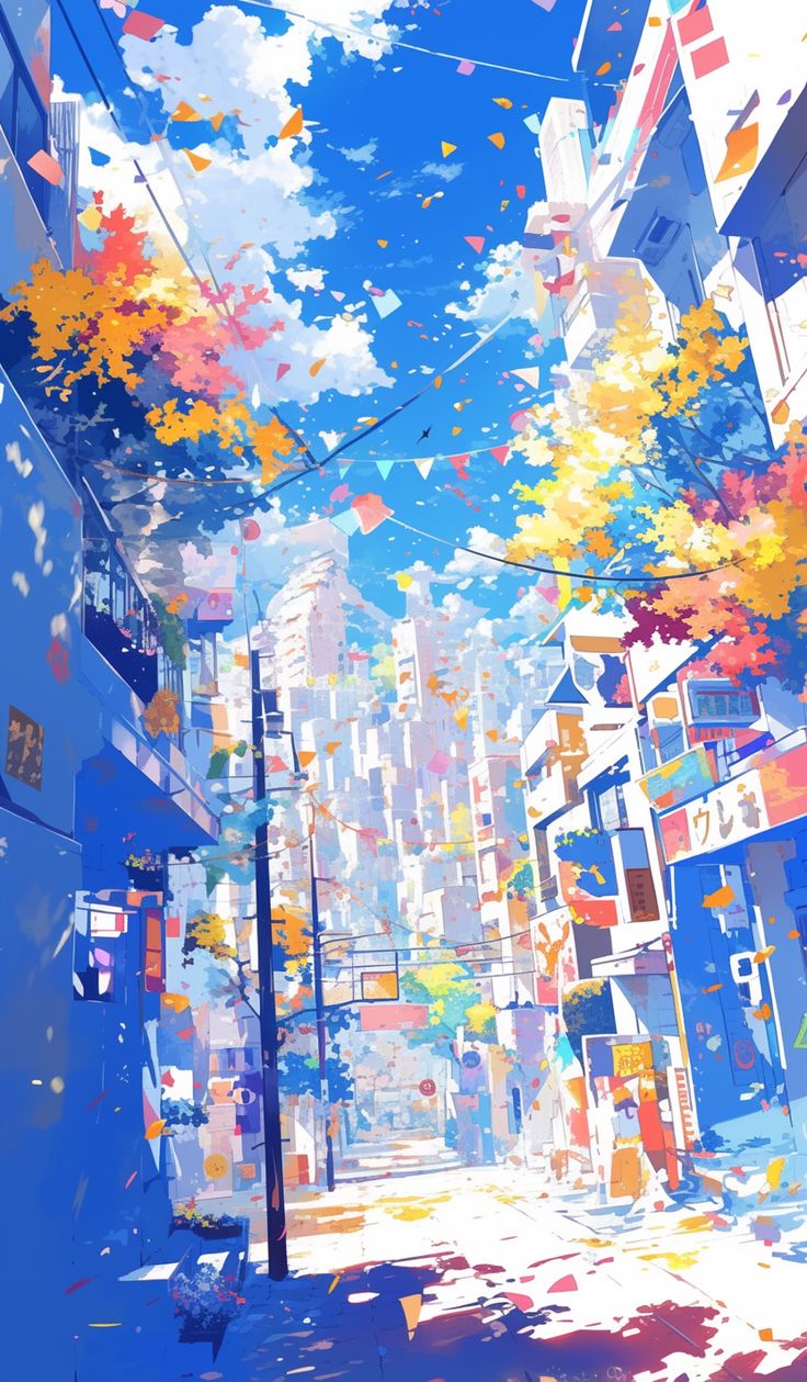 an abstract painting of a city street with blue buildings and colorful clouds in the sky