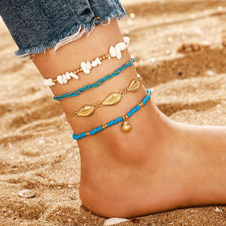 Brand New 4 Piece Blue And Gold Ankle Bracelet Set. Detailed With Gold Seashells And White Beads. Anklets Are Adjustable High Quality Blue Beach Anklets, Blue Anklets For Beach Festival, Blue Anklets For Beach Season, Blue Strand Anklets For Summer, Casual Blue Anklet For Beach Season, Blue Beachy Bracelet For Festivals, Handmade Blue Anklets For Beach Season, Blue Strand Anklets For Festivals, Blue Beaded Bohemian Anklets