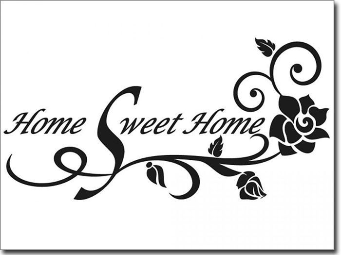 the word home sweet home with roses and leaves in black on a white background,