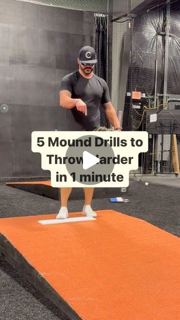 a man standing on top of an orange carpet holding a sign that says 6 mound drills to throw harder in 1 minute