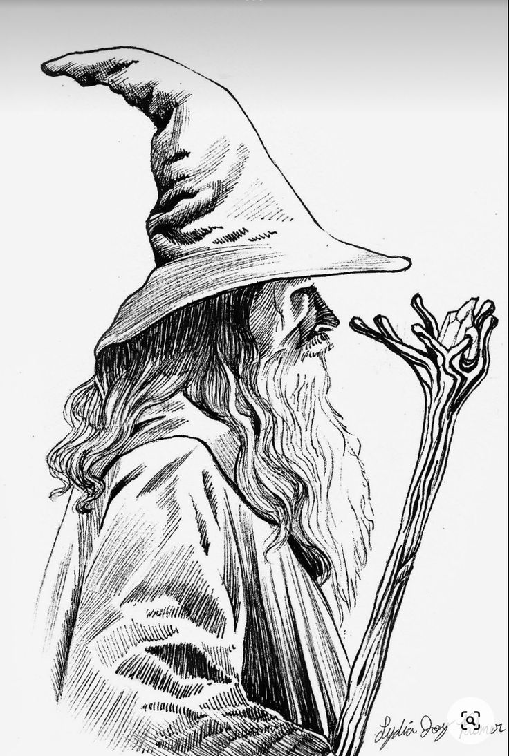 a drawing of an old wizard holding a staff