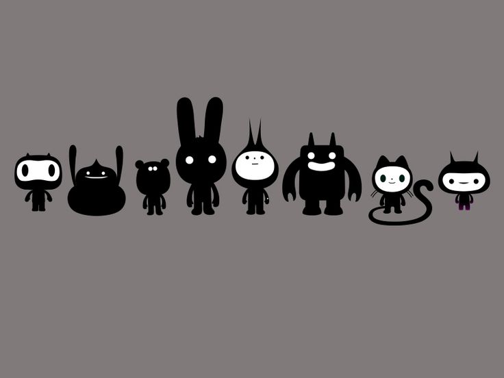 several cartoon characters are lined up in a row on a gray background with black and white lines