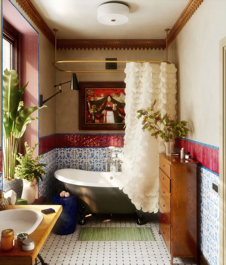 a bath room with a tub a sink and a painting on the wall above it