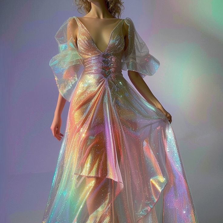 Opal Aesthetic Outfit, Iridescent Organza Dress, White Iridescent Dress, Holographic Outfit Aesthetic, Magic Aesthetic Outfits, Opalescent Dress, Mermaid Dress Aesthetic, Holographic Gown, Pearlescent Aesthetic